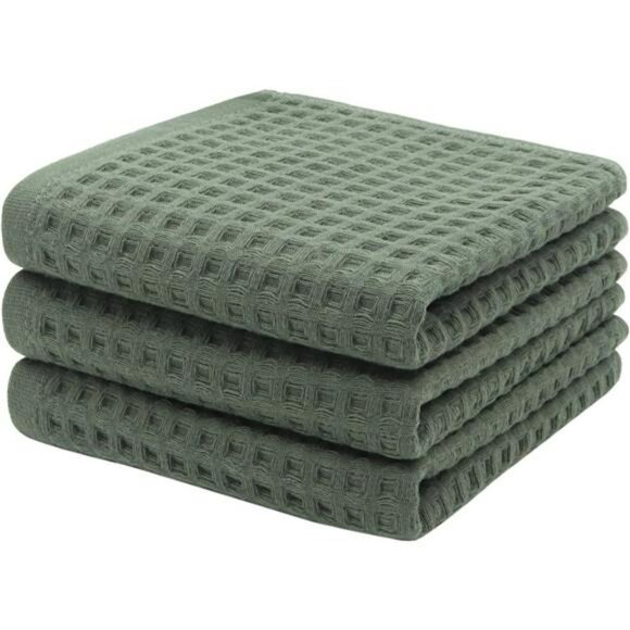 Olive Green Cotton Waffle Hand Towels 3 Pack Quick Dry Absorbent Bathroom Kitche - Picture 1 of 8